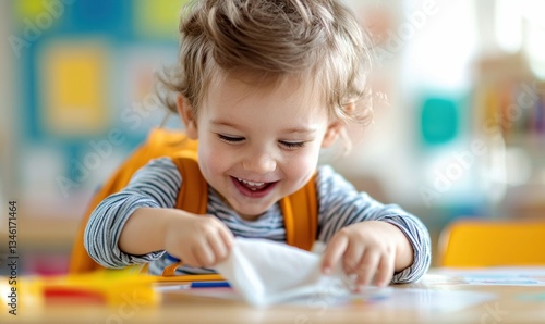 A cheerful toddler enjoys playing with a tissue at a table in a bright classroom setting.