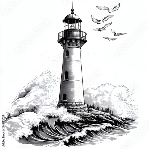 The lighthouse is tall and has a pointed top