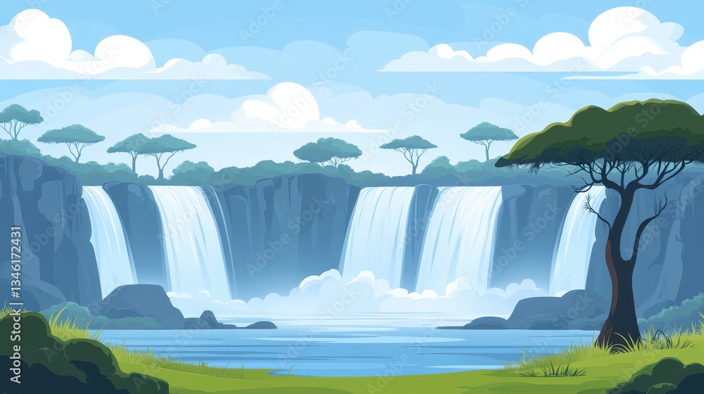 Naklejka premium African Waterfall Landscape with Tropical Nature Scenery.