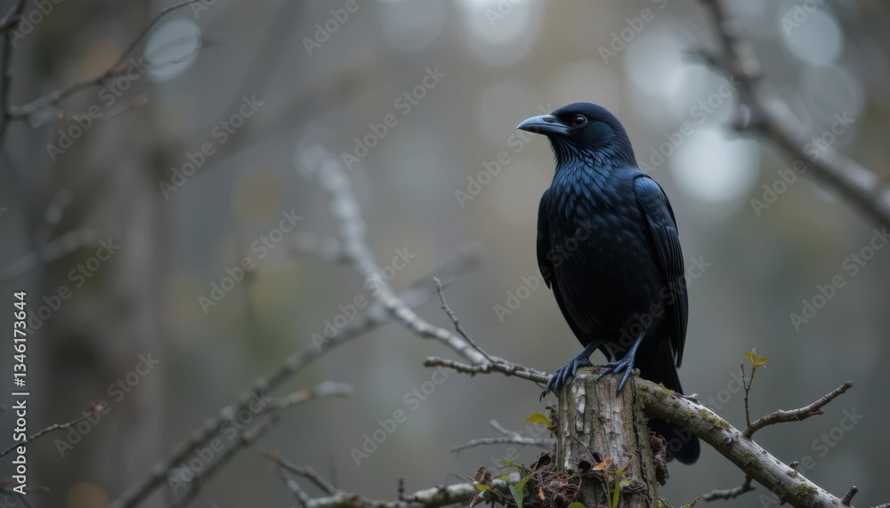 Fototapeta premium Raven Sitting Perched on a Tree Stump in a Misty Forest