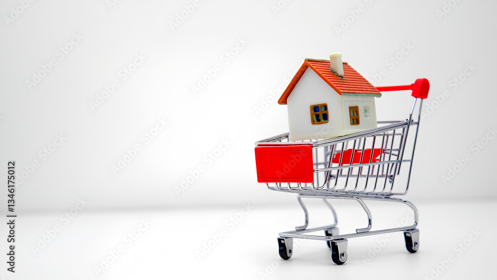 buying a house, home buyer concept with mock up house in shopping cart, white background, empty copy space, 3d render illustration buying a house, home buyer concept with mock up house in shopping cart, white background, empty copy space, 3d render illustration
