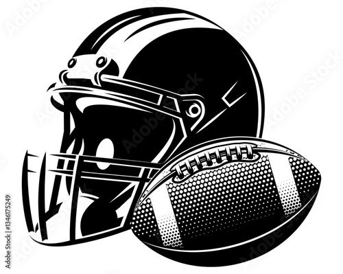 Black and white illustration of a football helmet and ball with intricate detailing.