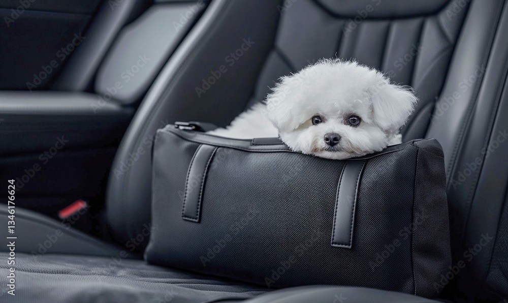 A serene Bichon Frise puppy enjoys a relaxing car ride in its comfy carrier on the backseat. A serene Bichon Frise puppy enjoys a relaxing car ride in its comfy carrier on the backseat.