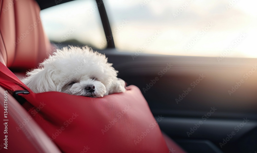 Small white dog peacefully napping in a red car seat, enjoying a sunset ride. Small white dog peacefully napping in a red car seat, enjoying a sunset ride.