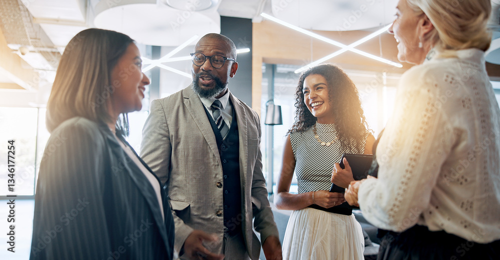 © peopleimages.com - Discussion, smile and business people in lobby for teamwork, schedule update or conference hall advice. Staff, project and keynote speaker in meeting for networking, seminar or career event review