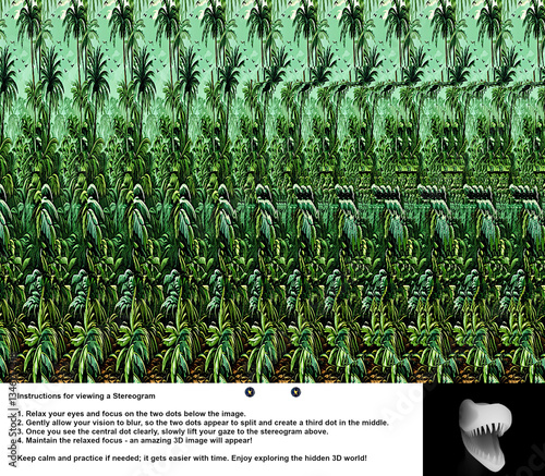 Optical illusion stereogram with hidden 3D shape of the toothy head of the predatory dinosaur Velociraptor with instruction.
