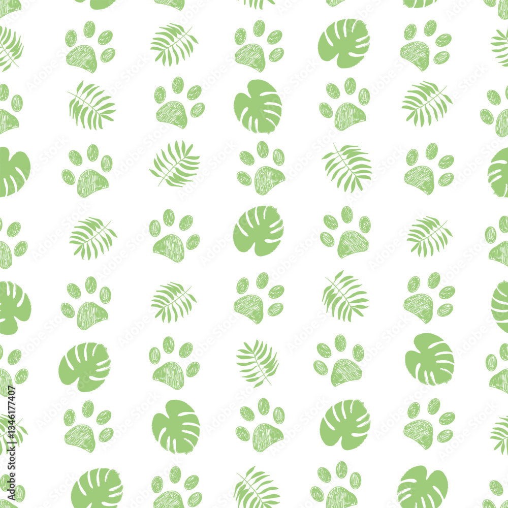 Tropical monstera and palm leaves and paw prints. Seamless fabric design pattern III Tropical monstera and palm leaves and paw prints. Seamless fabric design pattern III