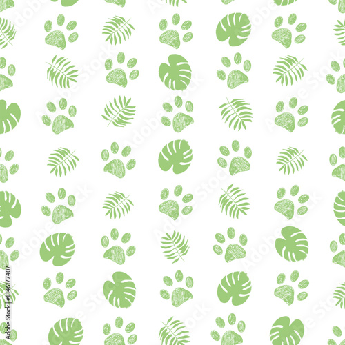 Tropical monstera and palm leaves and paw prints. Seamless fabric design pattern III