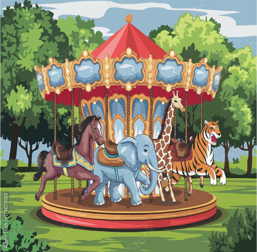 vector, drawing, carousel, amusement, illustration, carnival, park, circus, holiday, fun, circle, ferris, vintage, horse, wheel, sky, roundabout, joy, high, ride, happy, entertainment, rotate, play, 