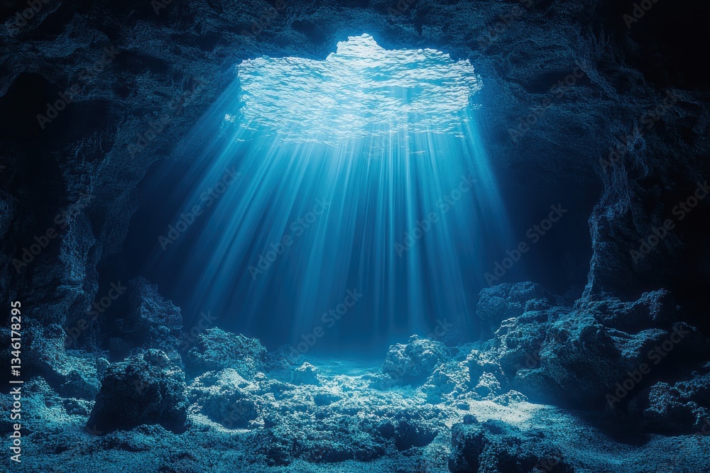 Obraz premium Cinematic Underwater Scene with Sunlight Rays and Marine Life in Deep Blue Ocean