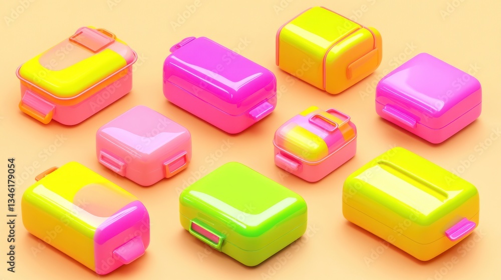 Colorful glossy plastic containers arranged on a pastel background. Colorful glossy plastic containers arranged on a pastel background.