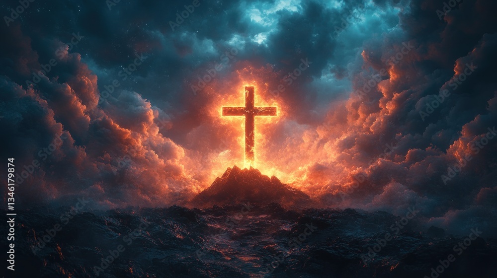 Glowing Cross on Golgotha Hill Symbolizing Death and Resurrection of Jesus Christ Surrounded by Stormy Clouds and Divine Light Glowing Cross on Golgotha Hill Symbolizing Death and Resurrection of Jesus Christ Surrounded by Stormy Clouds and Divine Light
