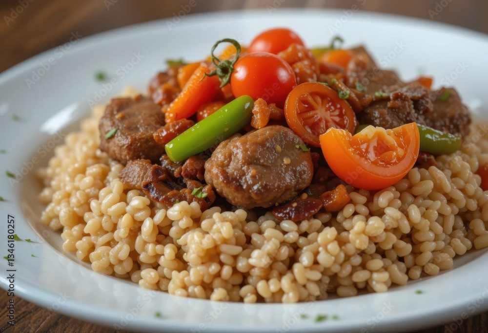 Serving of Couscous with Meatballs and Fresh Vegetables on White Plate