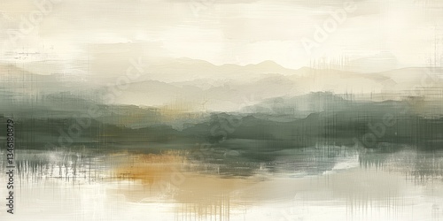 Fototapeta Naklejka Na Ścianę i Meble -  A serene Wabi-Sabi inspired landscape painting depicts muted earthy tones of green and beige mountains reflected in a still lake, creating a high-fidelity abstract composition.