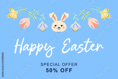 Happy Easter horizontal banner with bunny and flowers on blue background. Design with text for discount. Happy Easter hand drawn card. Flat illustration with partial outline. Vector illustration.