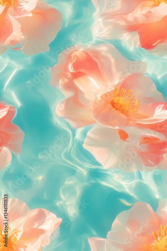 Obraz na płótnie Dreamy vertical wallpaper with floating pastel orange flowers over water, soft ethereal atmosphere. w salonie