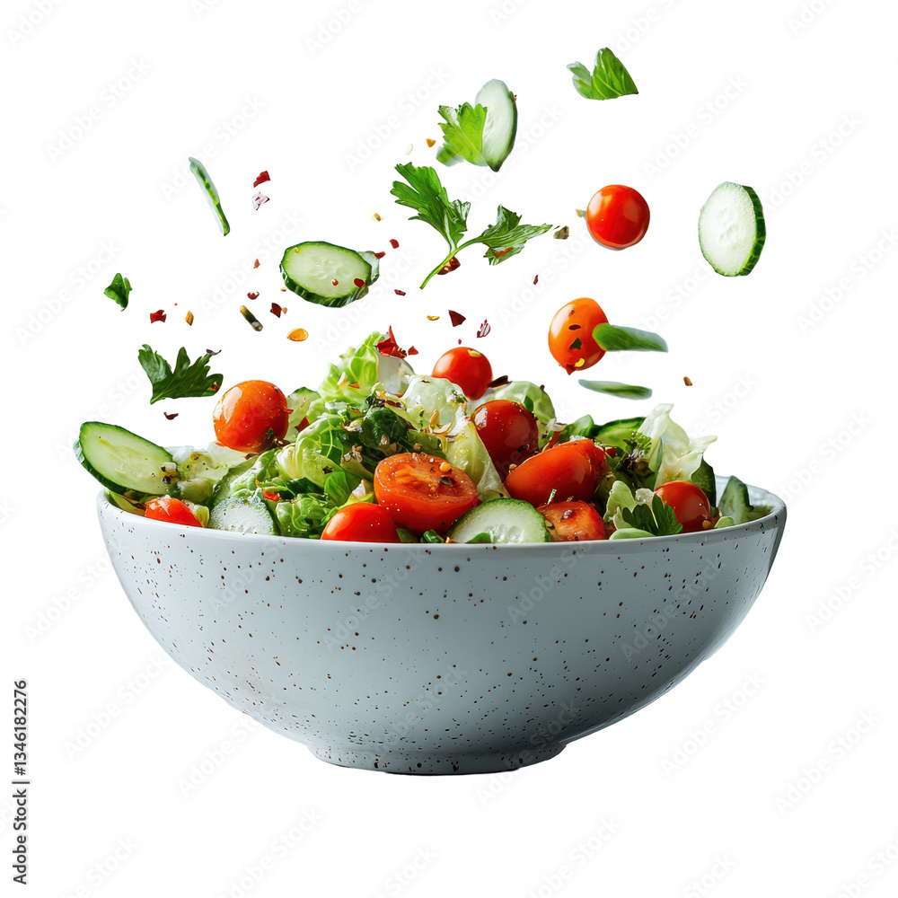 Fresh salad bowl with flying vegetables healthy eating recipe isolated on transparent background Fresh salad bowl with flying vegetables healthy eating recipe isolated on transparent background
