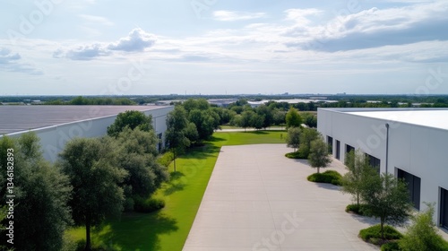 Modern industrial park with paved walkways and landscaping