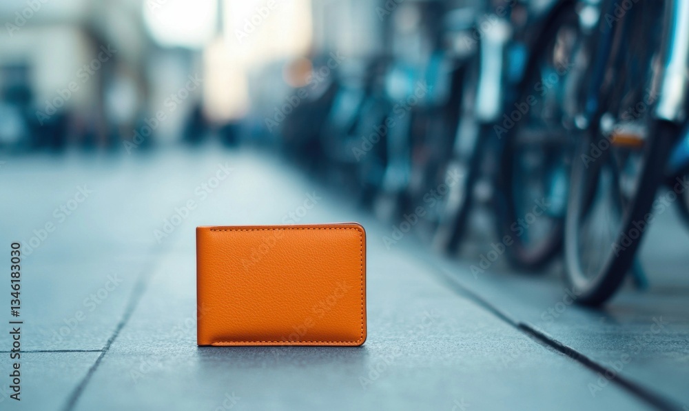 A bright orange leather wallet sits alone on the street next to parked bicycles. A bright orange leather wallet sits alone on the street next to parked bicycles.
