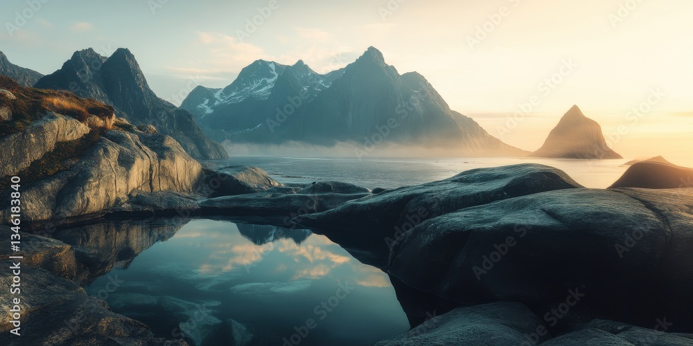 Obraz premium Majestic mountain landscape reflecting in serene waters at sunset near a quiet fjord