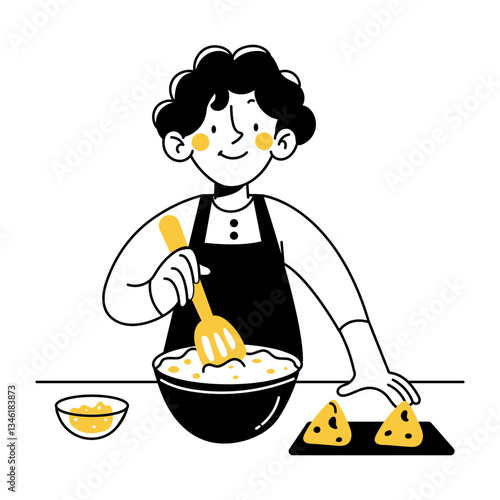 Baking character mixing batter in bowl, doodle illustration