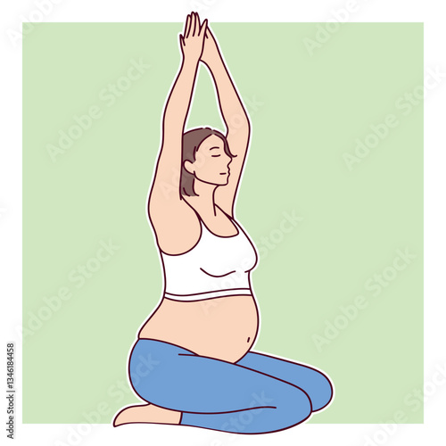 Pregnant woman practices yoga, sitting in a meditative pose with arms raised. She focuses on relaxation, balance, and mindfulness for a healthy pregnancy and well-being