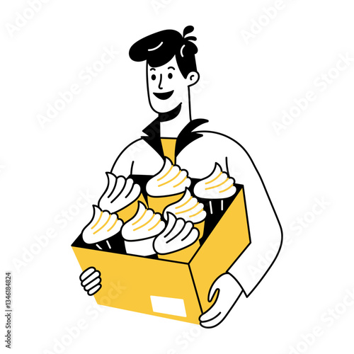 Doodle illustration of a smiling character doing cupcake delivery 