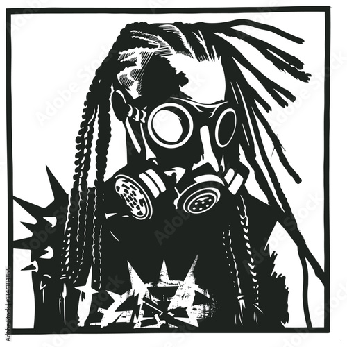 Vector illustration of punk girl with dreadlocks wearing gas mask in black and white silhouette style. Edgy female portrait with spiky accessories and braided hair in high contrast woodcut technique.