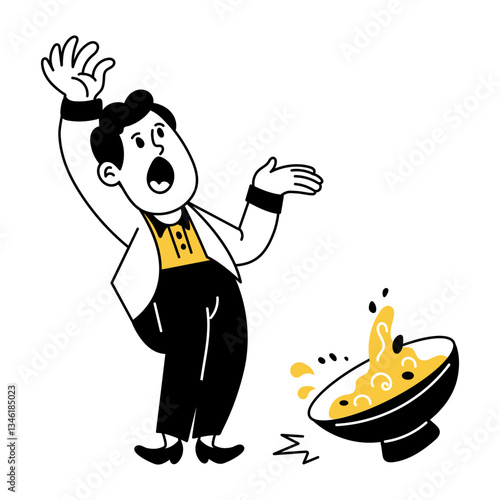 Waiter gasping at soup spill, hand drawn character illustration 