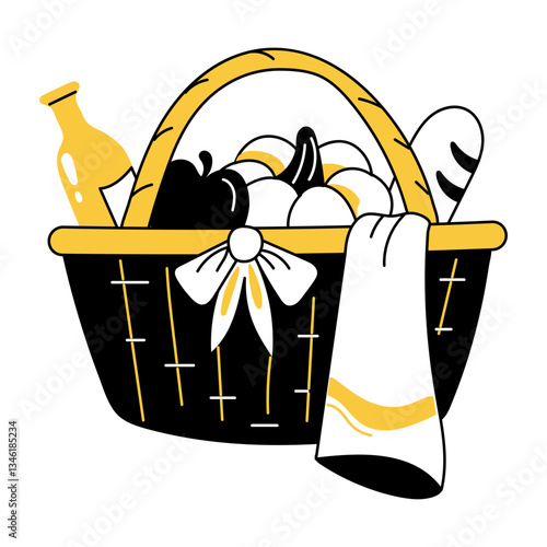Picnic basket with various food items, doodle illustration