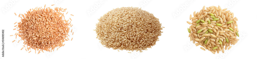 A top view of a brown rice pile, consisting of integral long grain type, is set against a clean white background A top view of a brown rice pile, consisting of integral long grain type, is set against a clean white background
