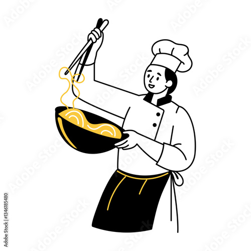 Doodle illustration of a chef tossing noodles in bowl