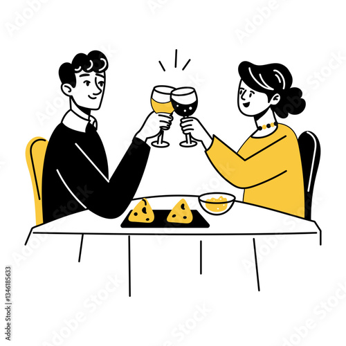 Doodle illustration of dining characters toasting wine 