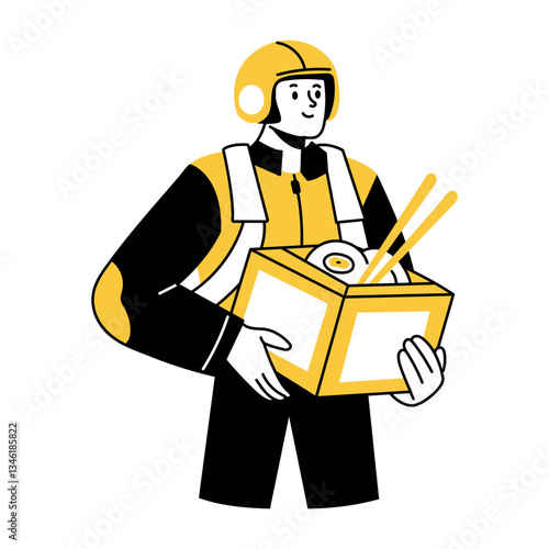 Rider carrying a chinese takeout container, doodle illustration 