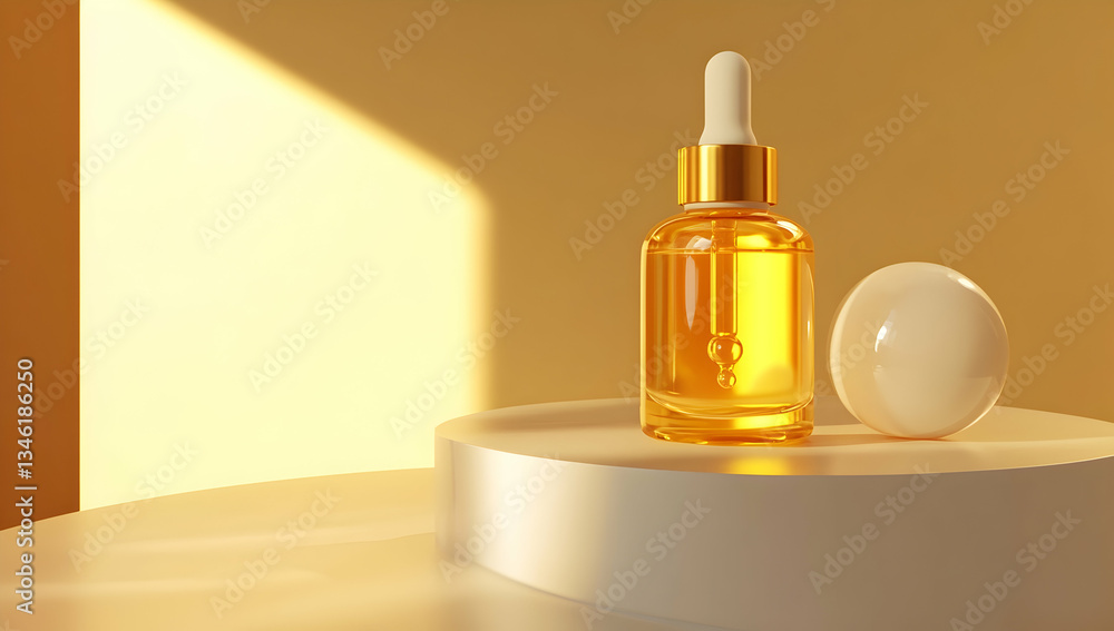 3D render of a golden cosmetic bottle with serum on a white podium and ball, dripping oil 3D render of a golden cosmetic bottle with serum on a white podium and ball, dripping oil