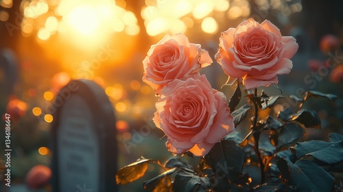 Serene Cemetery Scene with Pink Roses at Sunrise in Peaceful Reflection