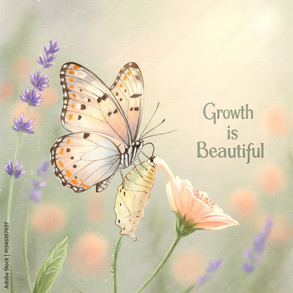 Fototapeta premium Butterfly Emerging from a Cocoon with an Inspiring Thought - Greeting Card Style Art