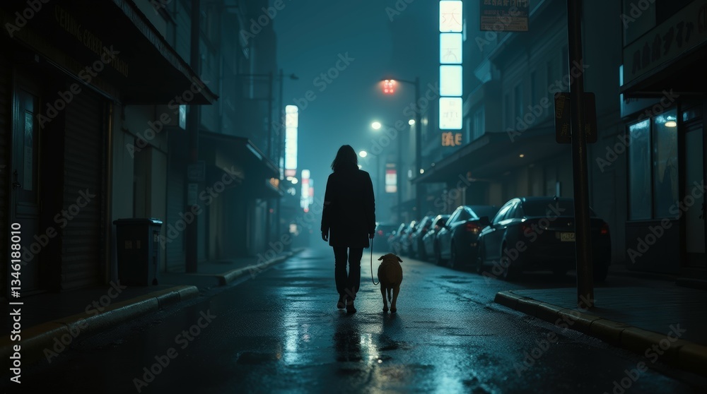 Obraz premium Lone Figure with Dog on Dark City Street