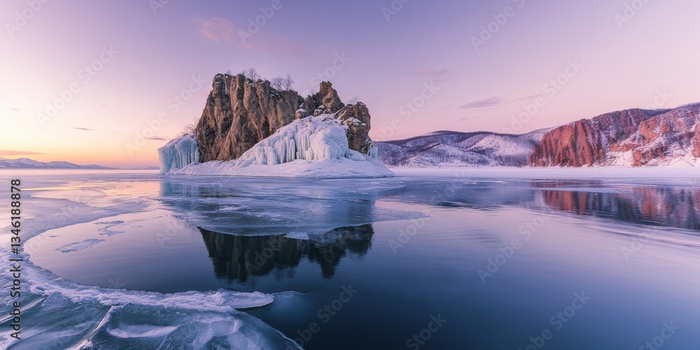 Stunning winter landscape featuring icy rock formations and tranquil waters at Lake Baikal in Siberia during sunset