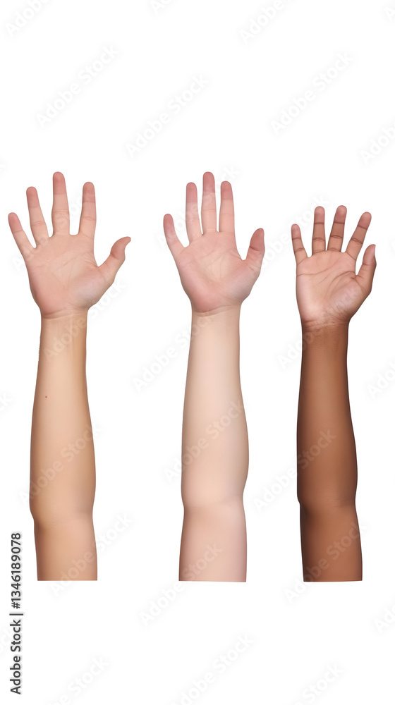 Obraz premium Realistic Image of Diverse Hands with Various Skin Tones Raised Against Transparent Background Symbolizing Unity Equality Inclusion and Multicultural Harmony