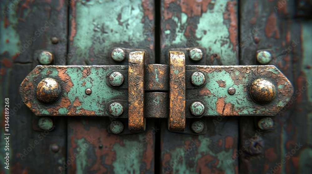 Old, weathered latch on a rustic door, showing signs of oxidation and wear Old, weathered latch on a rustic door, showing signs of oxidation and wear