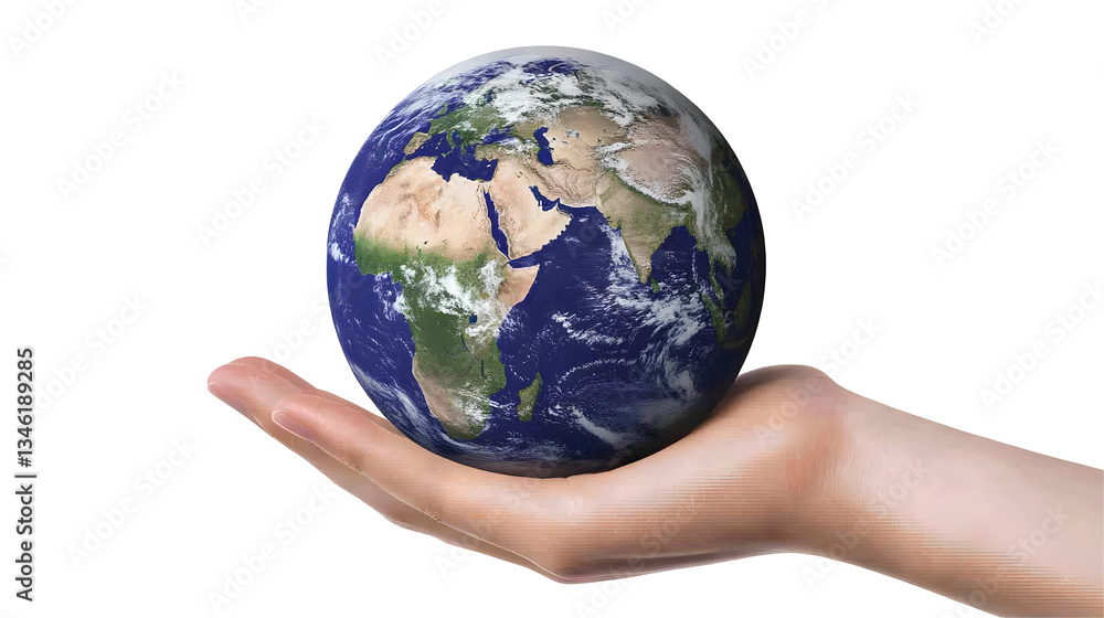 Realistic Image of Earth Globe Held in Hand Against Transparent Background Featuring Climate Change and Global Responsibility with Blue and Green Planet Design Realistic Image of Earth Globe Held in Hand Against Transparent Background Featuring Climate Change and Global Responsibility with Blue and Green Planet Design