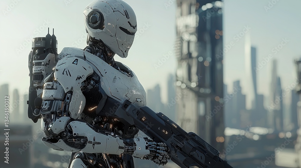 A robot soldier aim with gun standing on a building A robot soldier aim with gun standing on a building