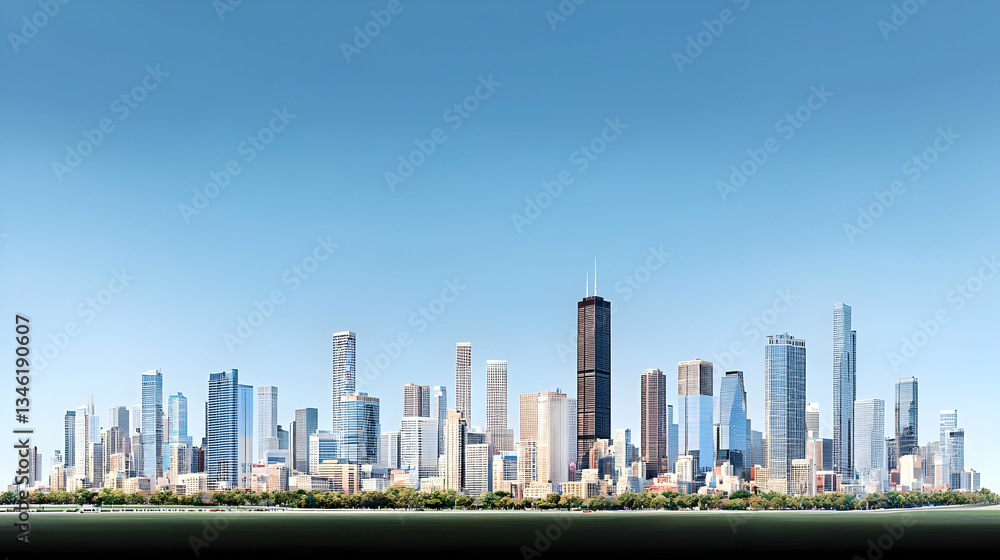 Fototapeta premium Panoramic City Skyline Under Clear Blue Sky