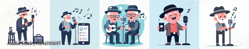 vector of grandfather singing with microphone