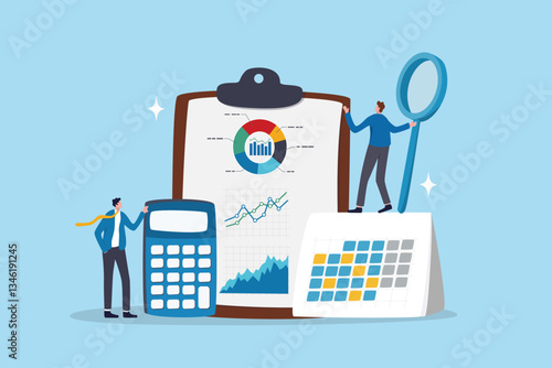 Accounting or budget planning, financial report calculation, expense analysis, tax report document, statistic chart and graph concept, businessman with calculator on accounting analysis clipboard.