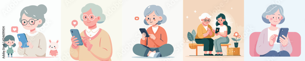 vector grandma playing cellphone vector grandma playing cellphone