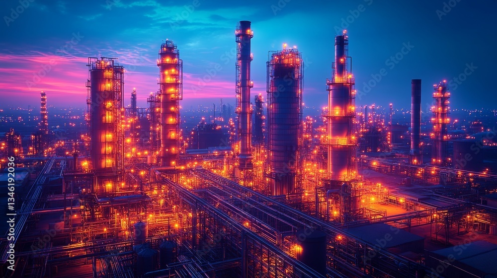 Fototapeta premium Thermal imaging of a sprawling industrial complex during twilight hours
