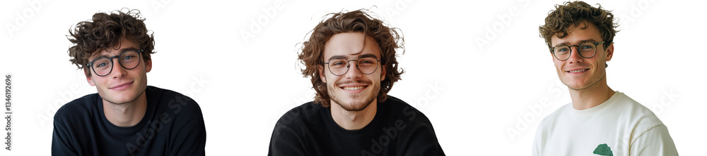 Fototapeta premium In this closeup portrait, a young man with curly hair and round glasses, exuding happiness and intelligence, is photographed posing for an advertisement, his gaze directed sideways, against a clean