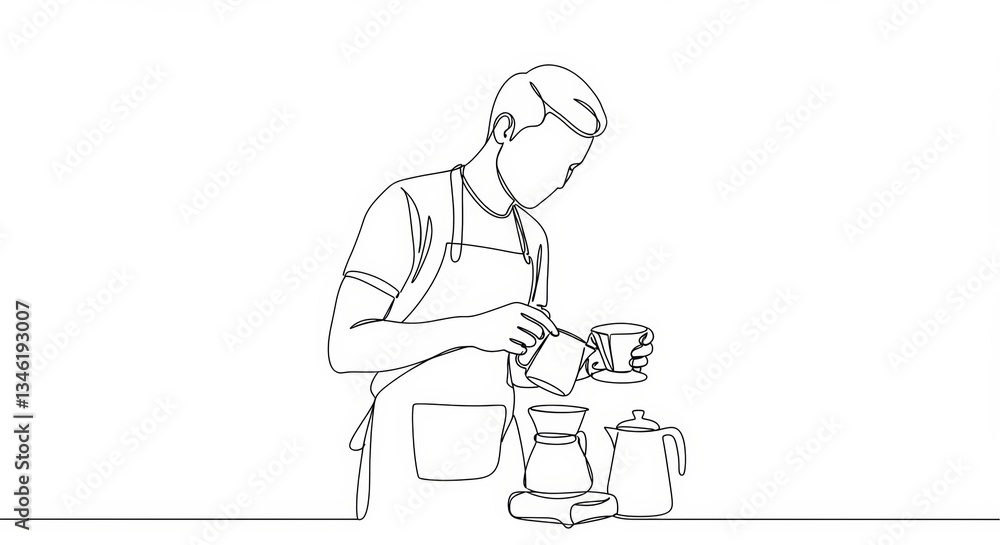 Elegant minimalist line drawing of a barista preparing pour-over coffee with precision Elegant minimalist line drawing of a barista preparing pour-over coffee with precision